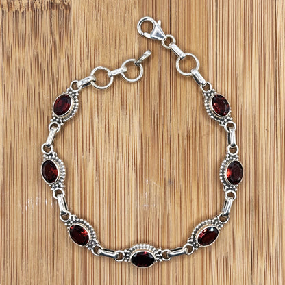 Garnet Gemstone Link Bracelet 925 Sterling Silver - Gem Avenue Retail