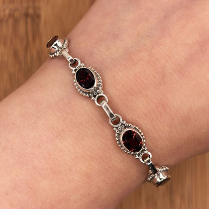 Garnet Gemstone Link Bracelet 925 Sterling Silver - Gem Avenue Retail