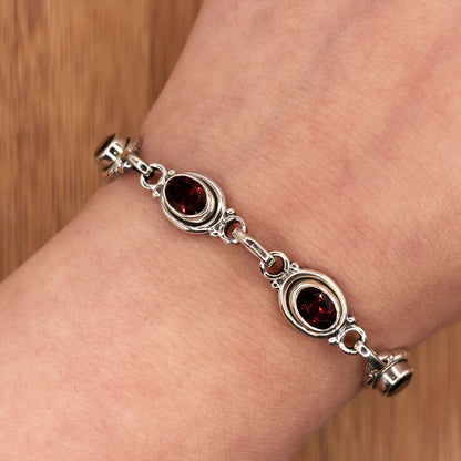 Garnet Gemstone Link Bracelet 925 Sterling Silver - Gem Avenue Retail