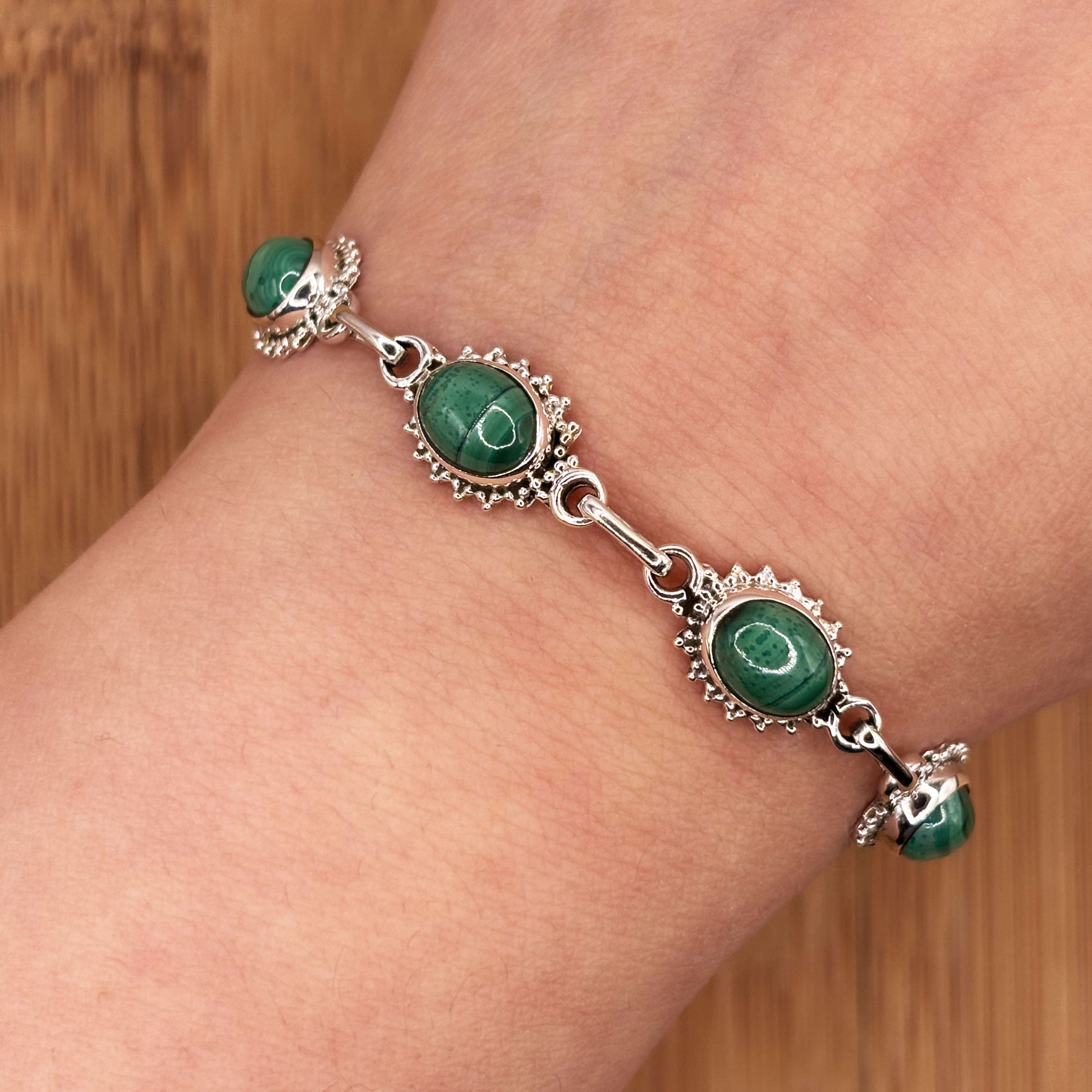 Malachite Gemstone Link Bracelet 925 Sterling Silver - Gem Avenue Retail