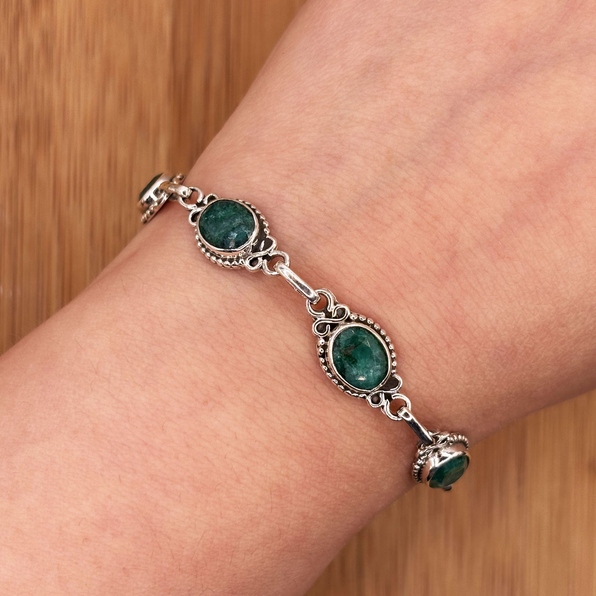 Emerald Gemstone Link Bracelet 925 Sterling Silver - Gem Avenue Retail