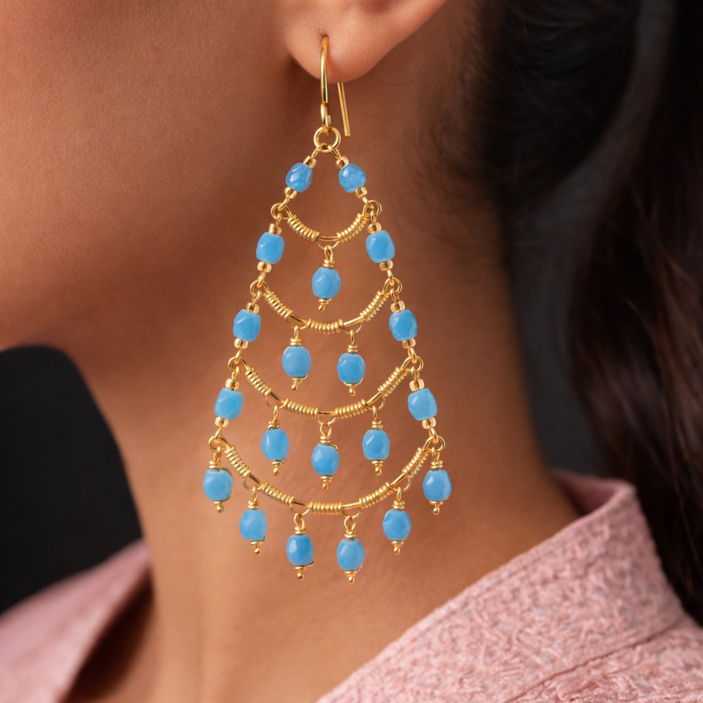 Czech Beads Gold Plated Over Stainless Steel Chandelier Earrings