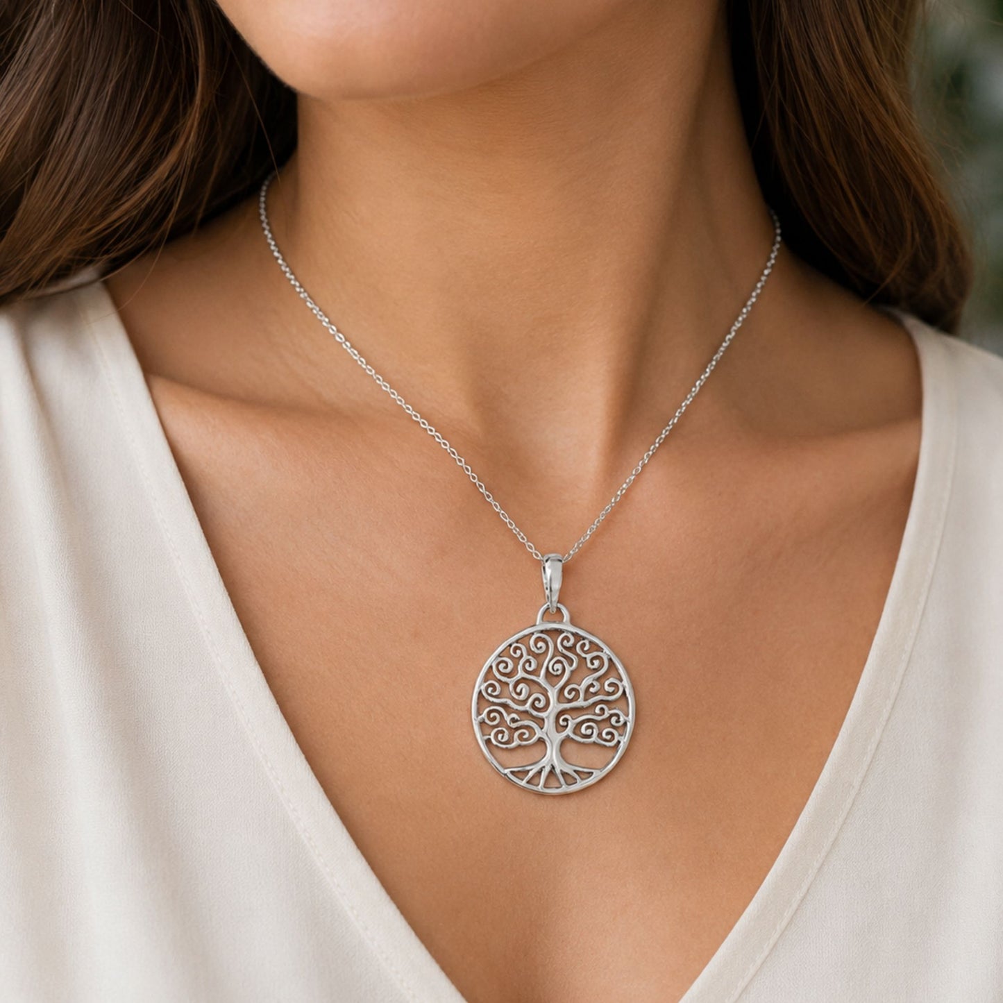 925 Sterling Silver Swirl Circle Tree Of Life Pendant