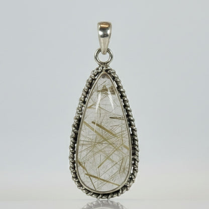 Golden Rutilated Quartz Teardrop Pendant in 925 Sterling Silver Natural Rutile Gemstone Jewelry - GP331
