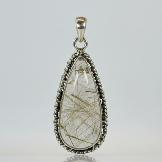 Golden Rutilated Quartz Teardrop Pendant in 925 Sterling Silver Natural Rutile Gemstone Jewelry - GP331