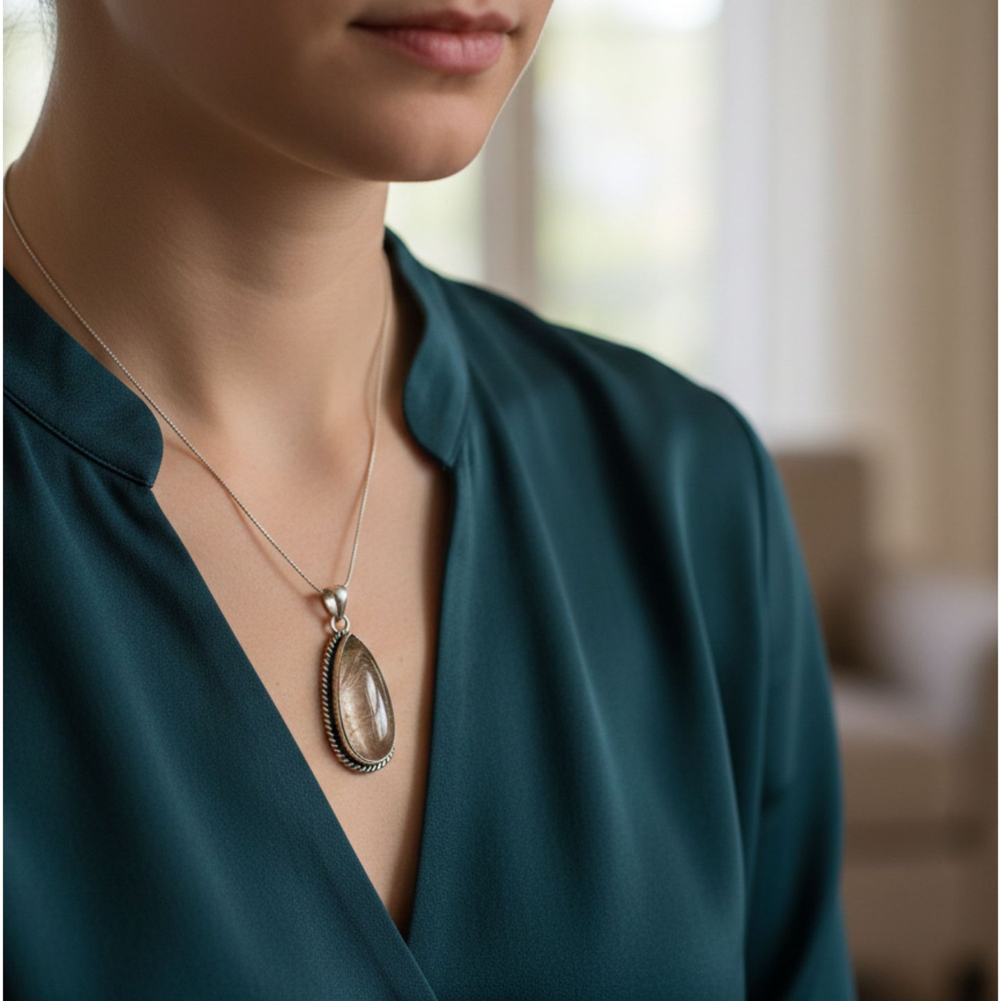 Golden Rutilated Quartz Teardrop Pendant in 925 Sterling Silver Natural Rutile Gemstone Jewelry - GP331