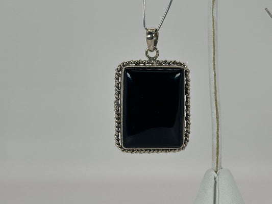 Black Onyx Square Pendant in 925 Sterling Silver Natural Black Gemstone Statement Necklace - GP333