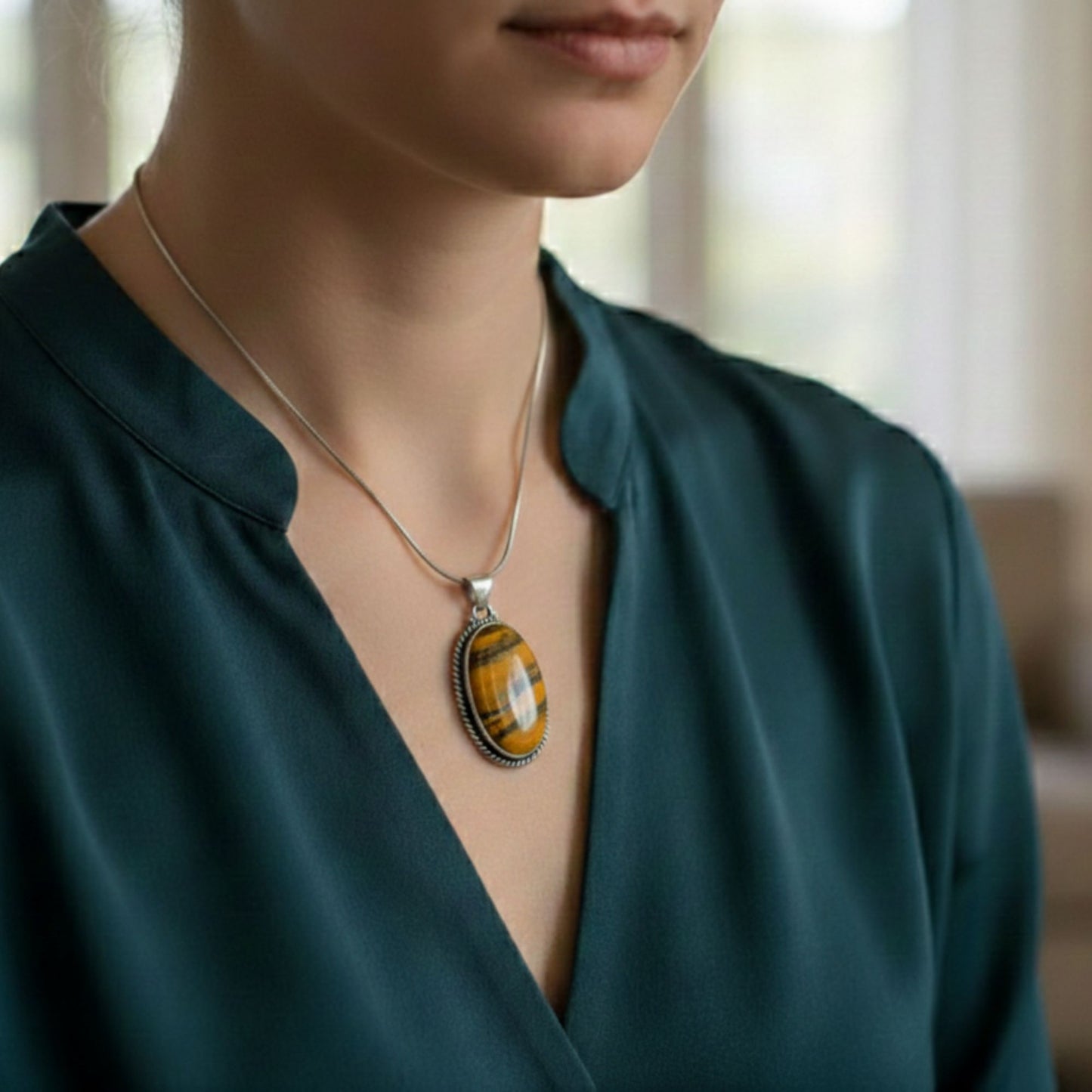 Bumble Bee Jasper Oval Pendant in 925 Sterling Silver Natural Yellow Black Jasper Gemstone Necklace - GP336