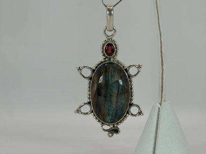 Labradorite and Garnet Turtle Pendant 925 Sterling Silver Artisan Gemstone Jewelry - GP339