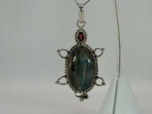 Labradorite and Garnet Turtle Pendant 925 Sterling Silver Artisan Gemstone Jewelry - GP339