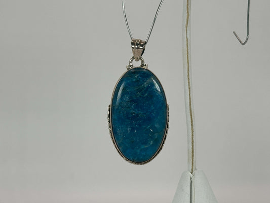 Blue Apatite Pendant 925 Sterling Silver Handcrafted Oval Gemstone Statement Piece - GP342