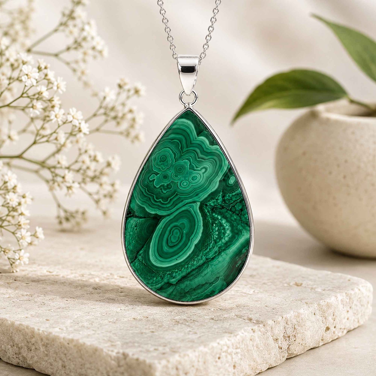 Malachite Teardrop Pendant with Stainless Steel - Gem Avenue Retail