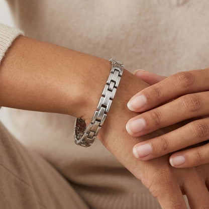 Magnetic Silver Tone Link Bracelet 8 inch with Fold over Clasps