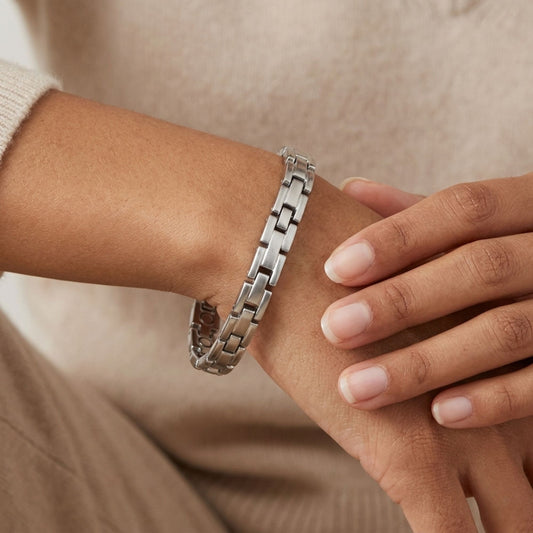 Magnetic Silver Tone Link Bracelet 8 inch with Fold over Clasps