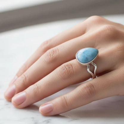 925 Sterling Silver Larimar Gemstone Ring Handmade Boho Minimal Jewelry Gift for Women - GR546