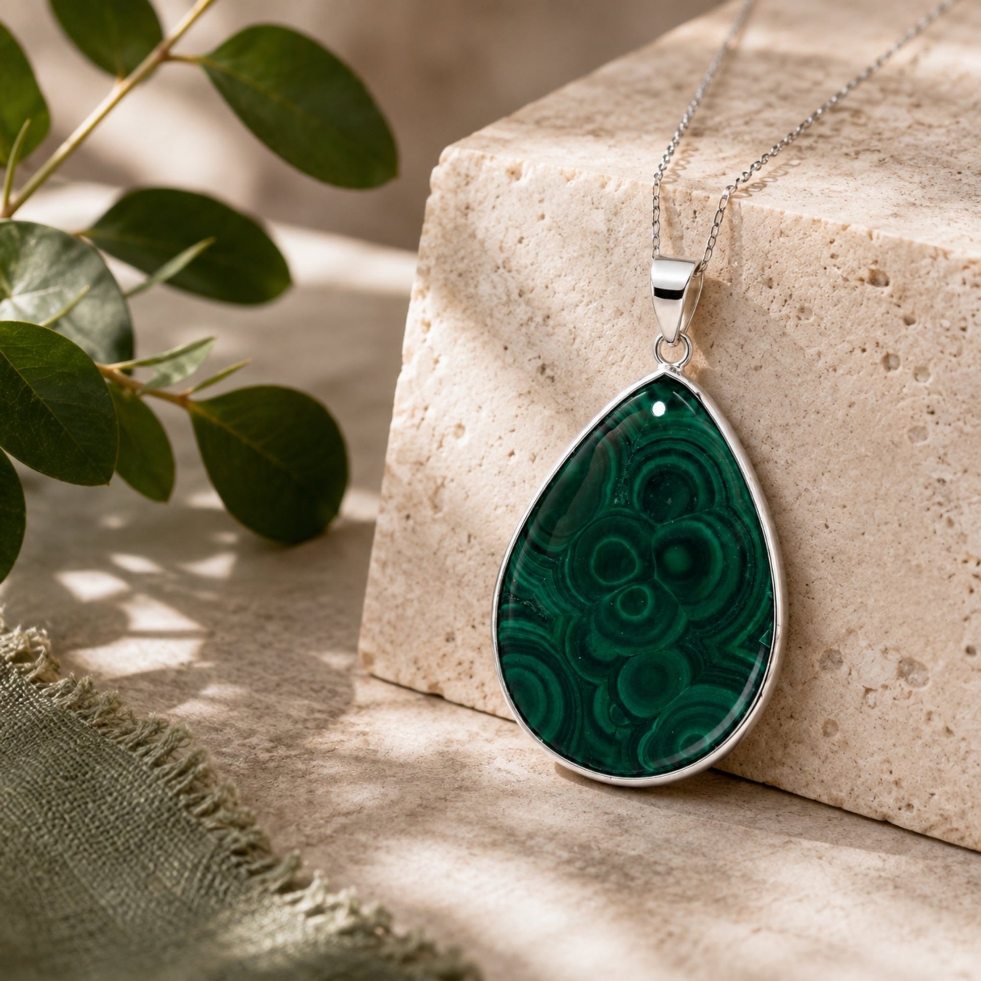 Malachite Teardrop Pendant – Stainless Steel- Gem Avenue Retail