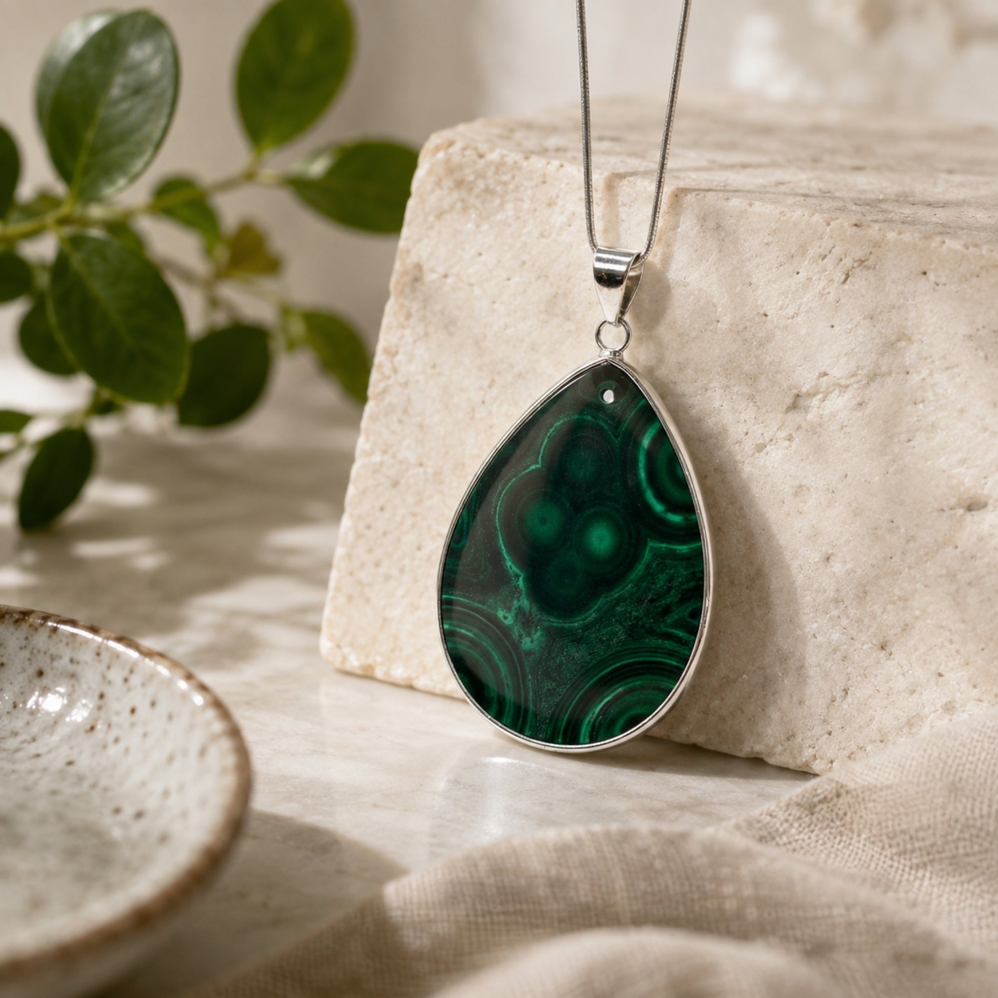 Malachite Teardrop Pendant – Stainless Steel- Gem Avenue Retail