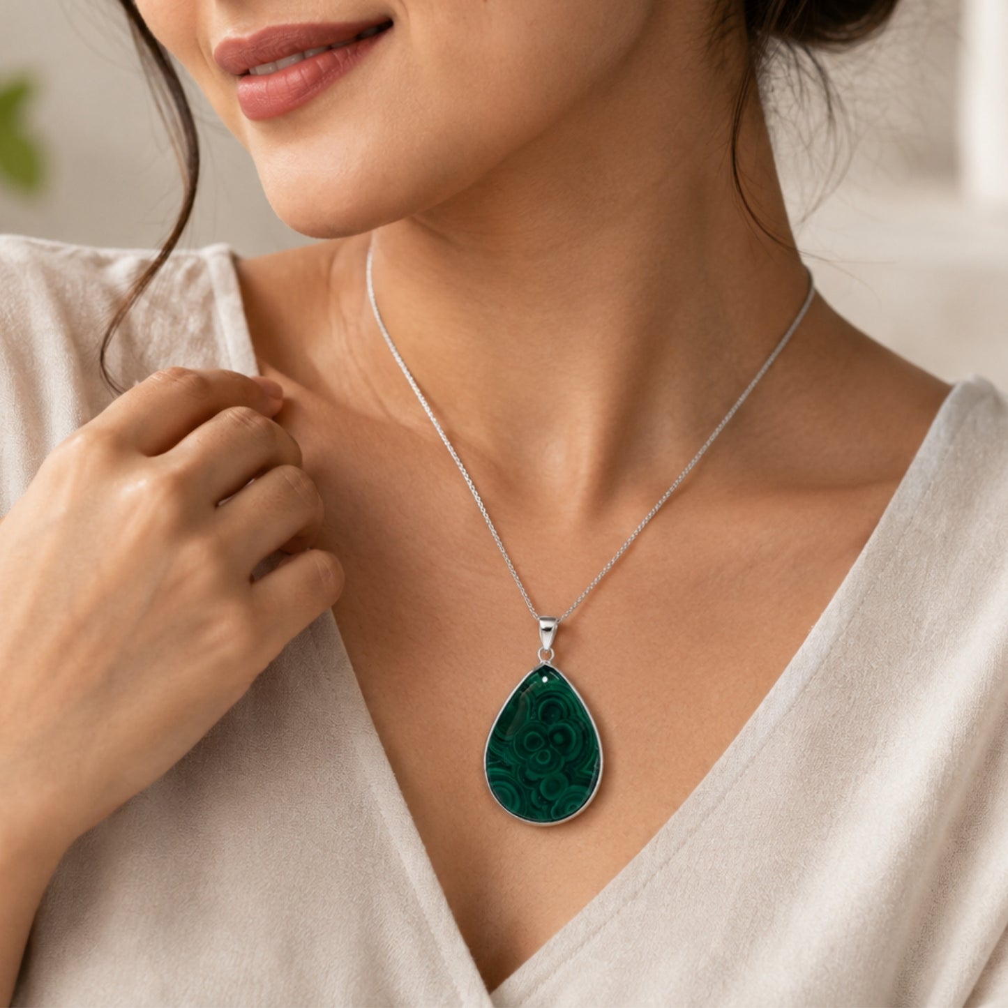 Malachite Teardrop Pendant – Stainless Steel- Gem Avenue Retail