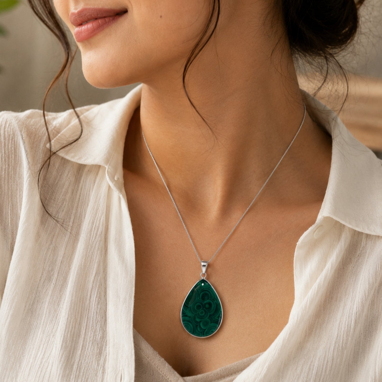 Malachite Teardrop Pendant – Stainless Steel- Gem Avenue Retail