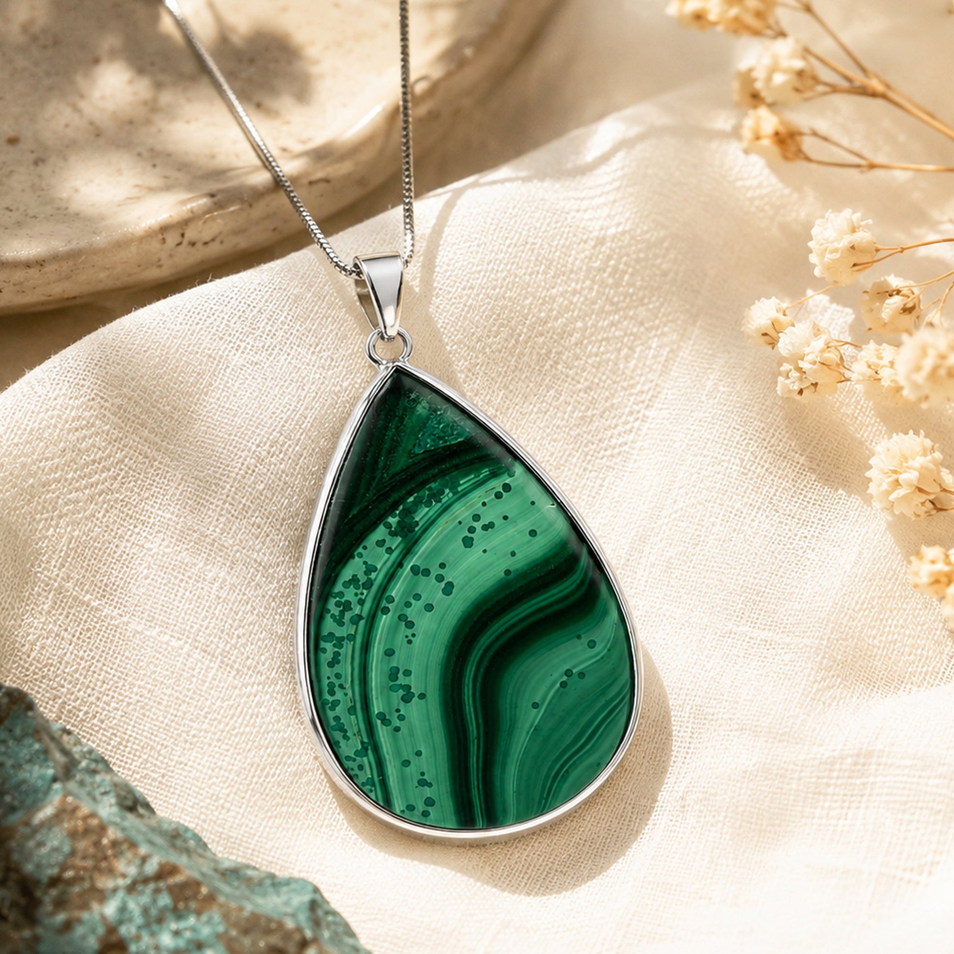 Malachite Pendant Necklace Stainless Steel - Gem Avenue Retail