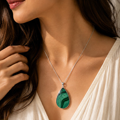 Malachite Pendant Necklace Stainless Steel - Gem Avenue Retail