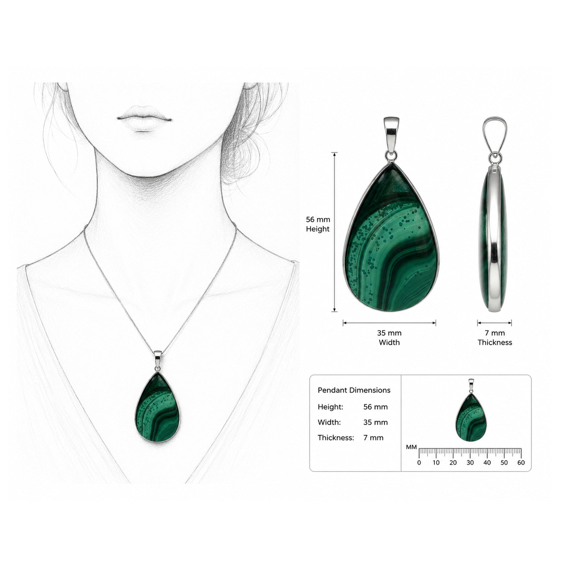 Malachite Pendant Necklace Stainless Steel - Gem Avenue Retail