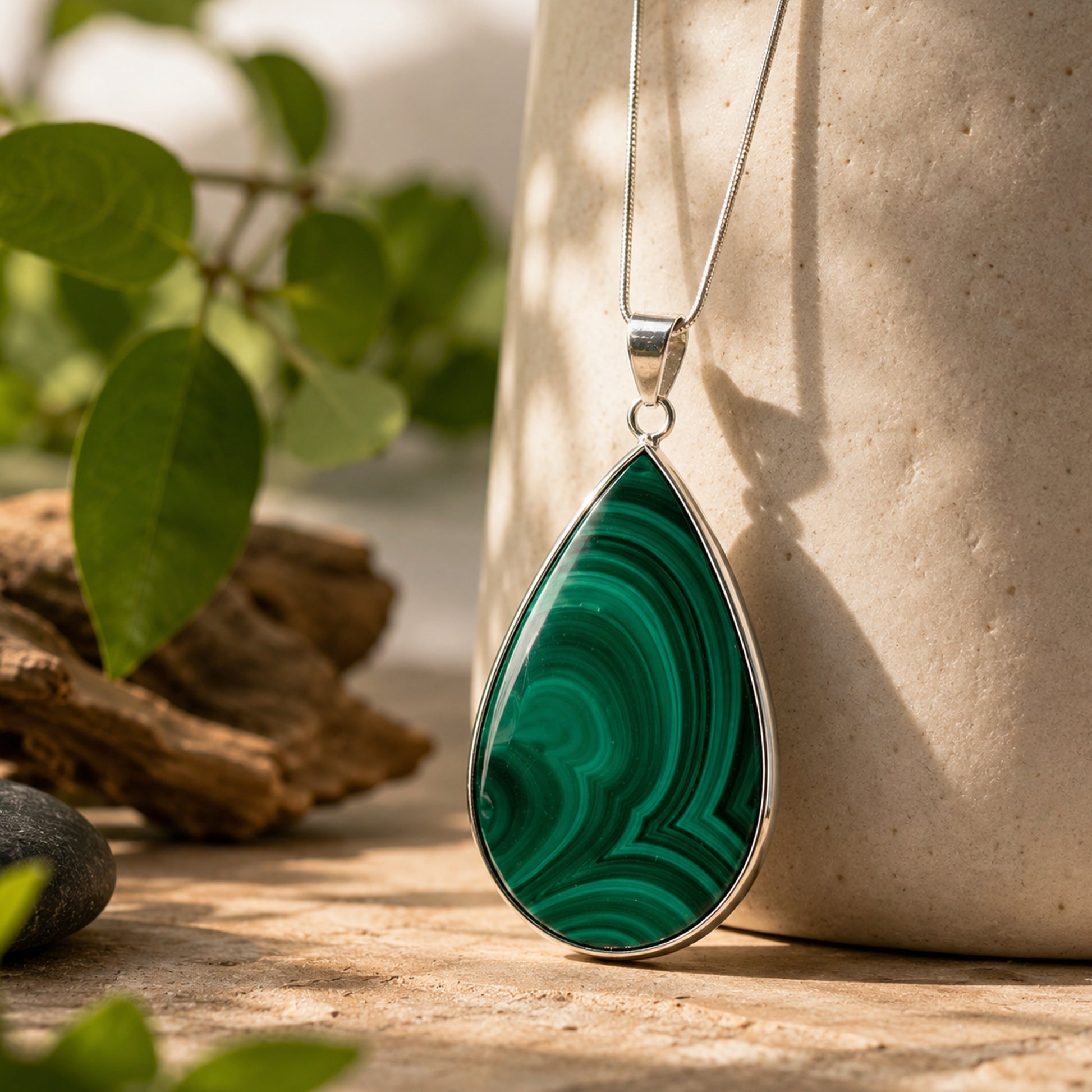 Malachite Teardrop Pendant Necklace Stainless Steel - Gem Avenue Retail