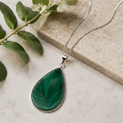 Malachite Teardrop Pendant Necklace Stainless Steel - Gem Avenue Retail