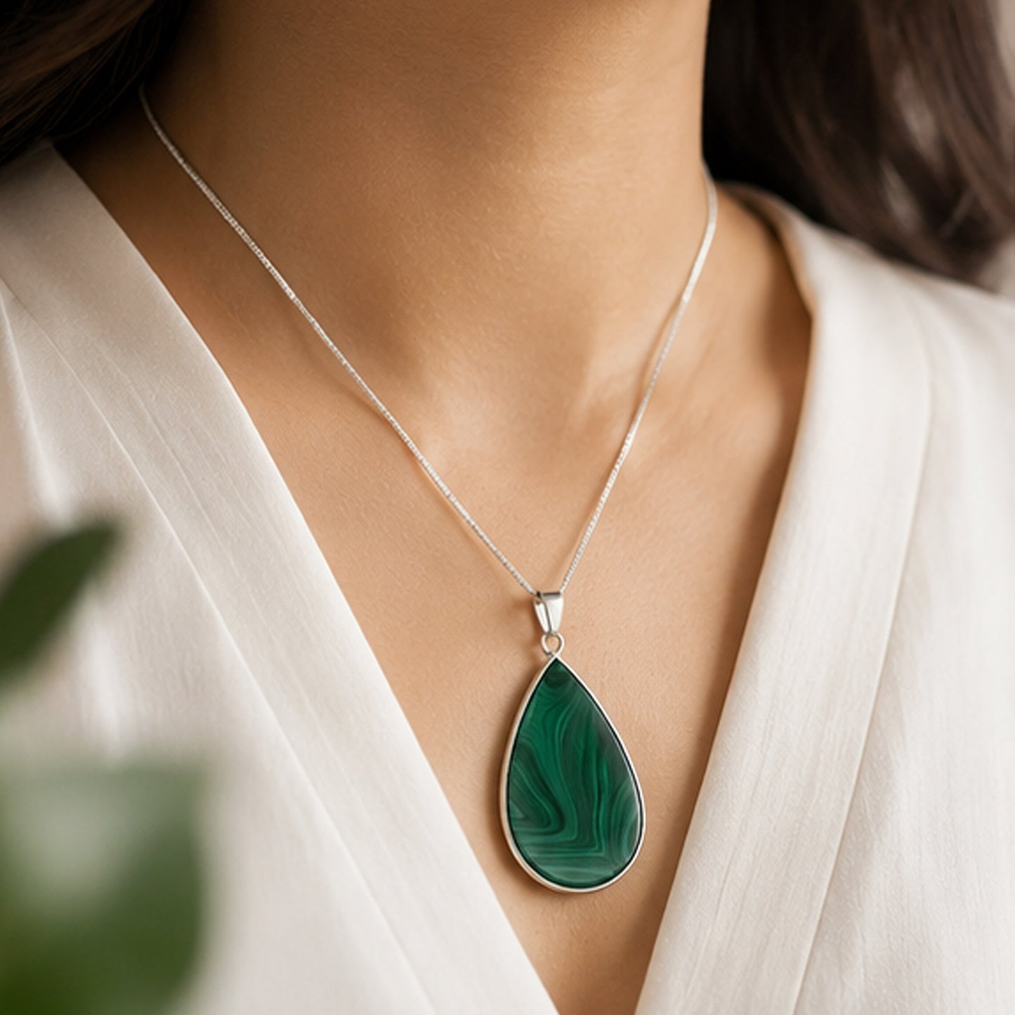 Malachite Teardrop Pendant Necklace Stainless Steel - Gem Avenue Retail