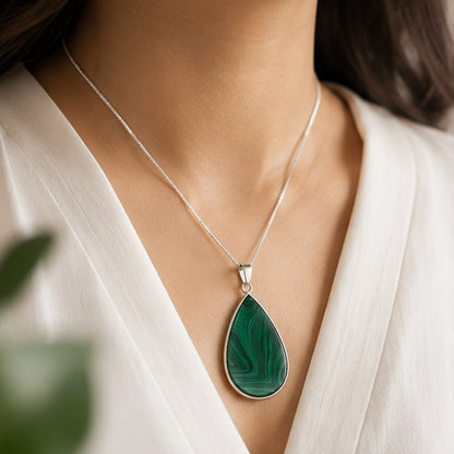 Malachite Teardrop Pendant Necklace Stainless Steel - Gem Avenue Retail