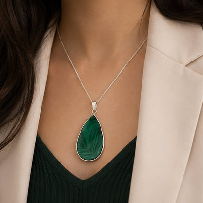 Malachite Teardrop Pendant Necklace Stainless Steel - Gem Avenue Retail