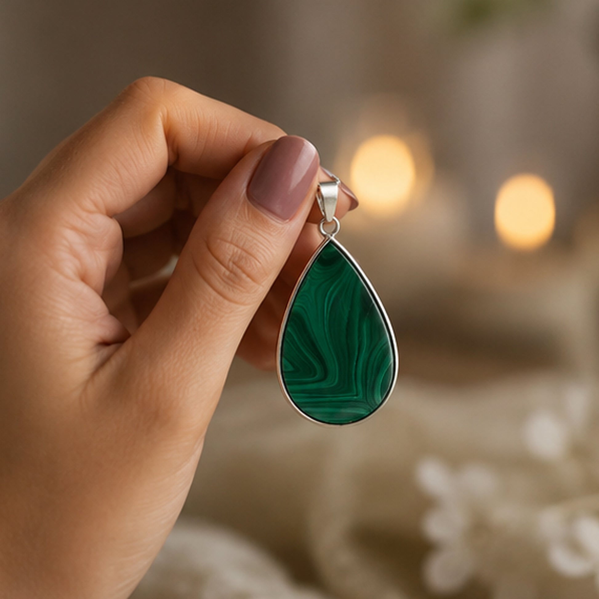 Malachite Teardrop Pendant Necklace Stainless Steel - Gem Avenue Retail