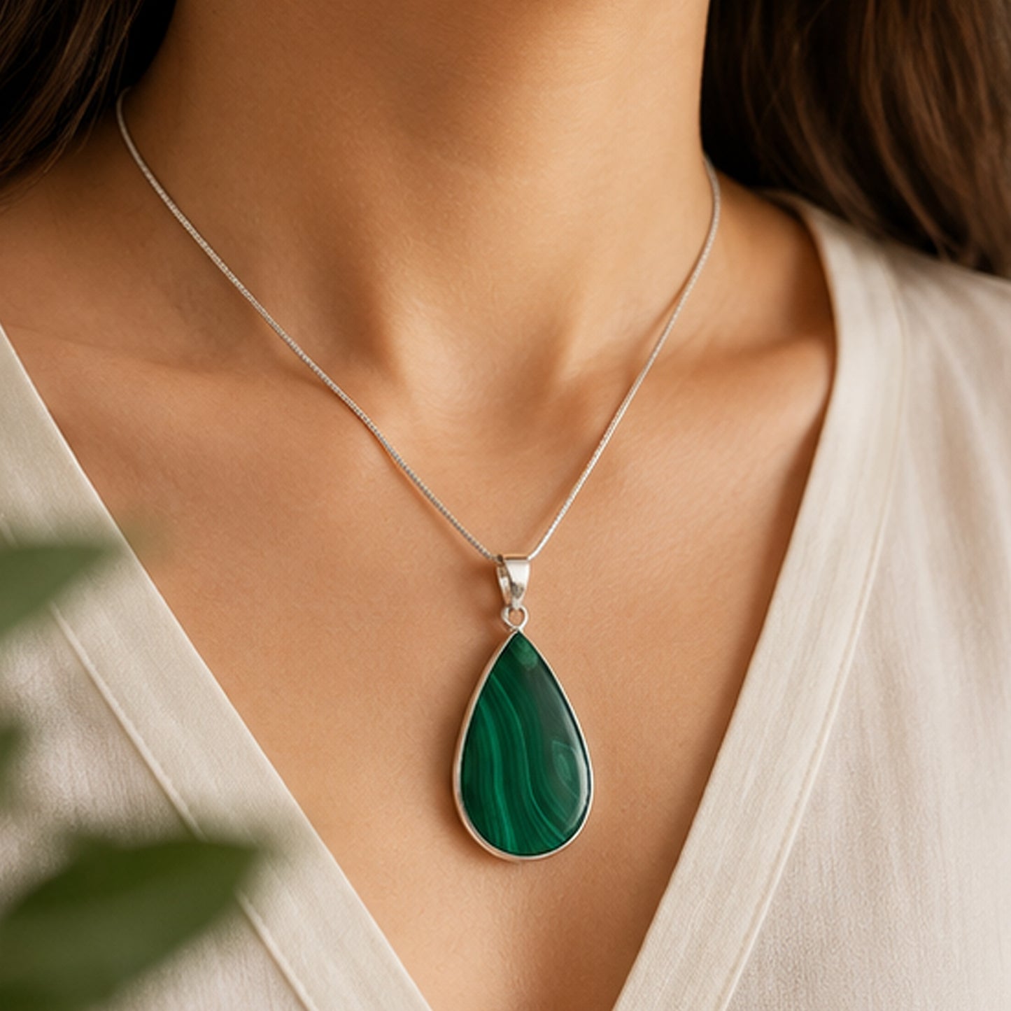 Malachite Teardrop Pendant Stainless Steel Green Gemstone -Gem Avenue Retail