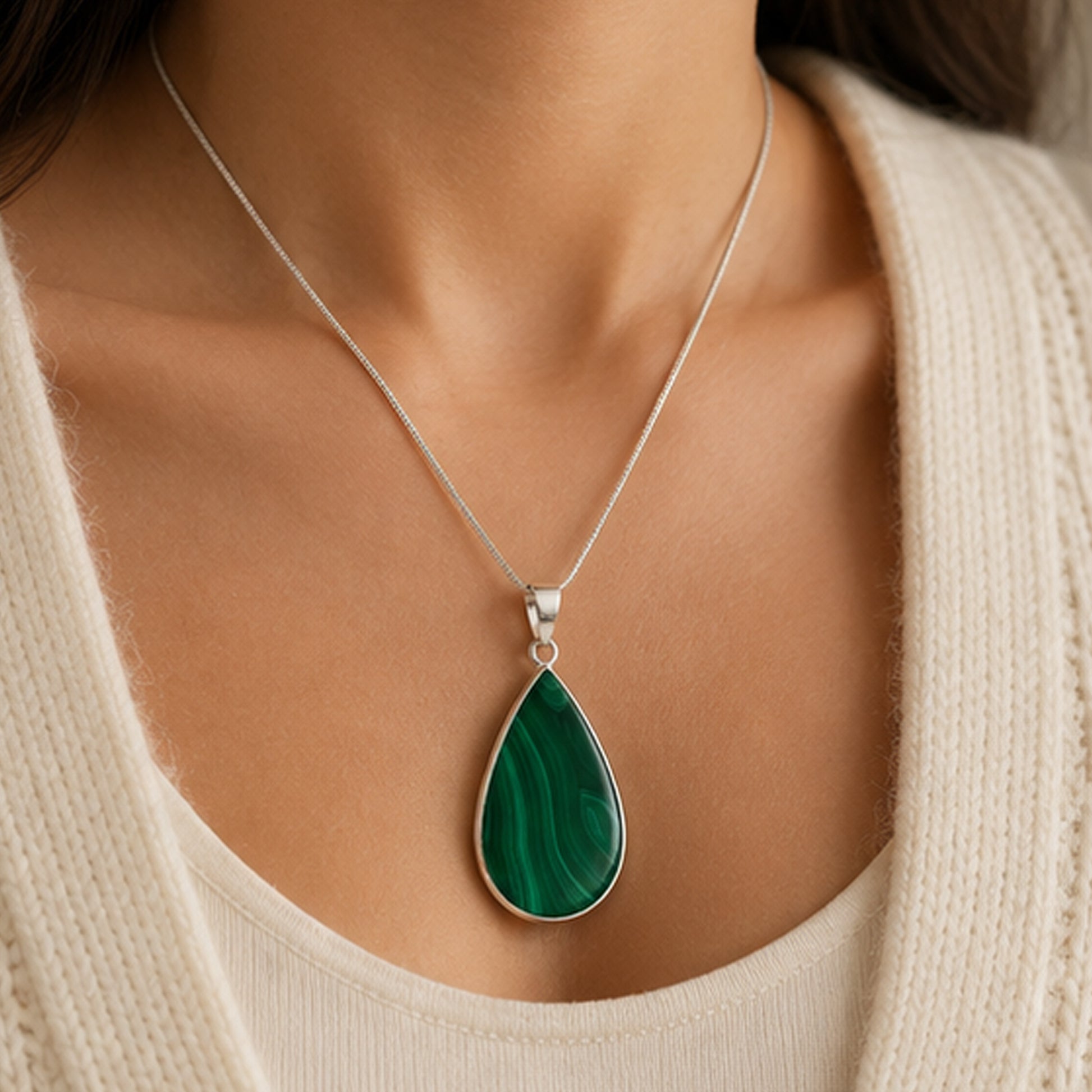 Malachite Teardrop Pendant Stainless Steel Green Gemstone -Gem Avenue Retail