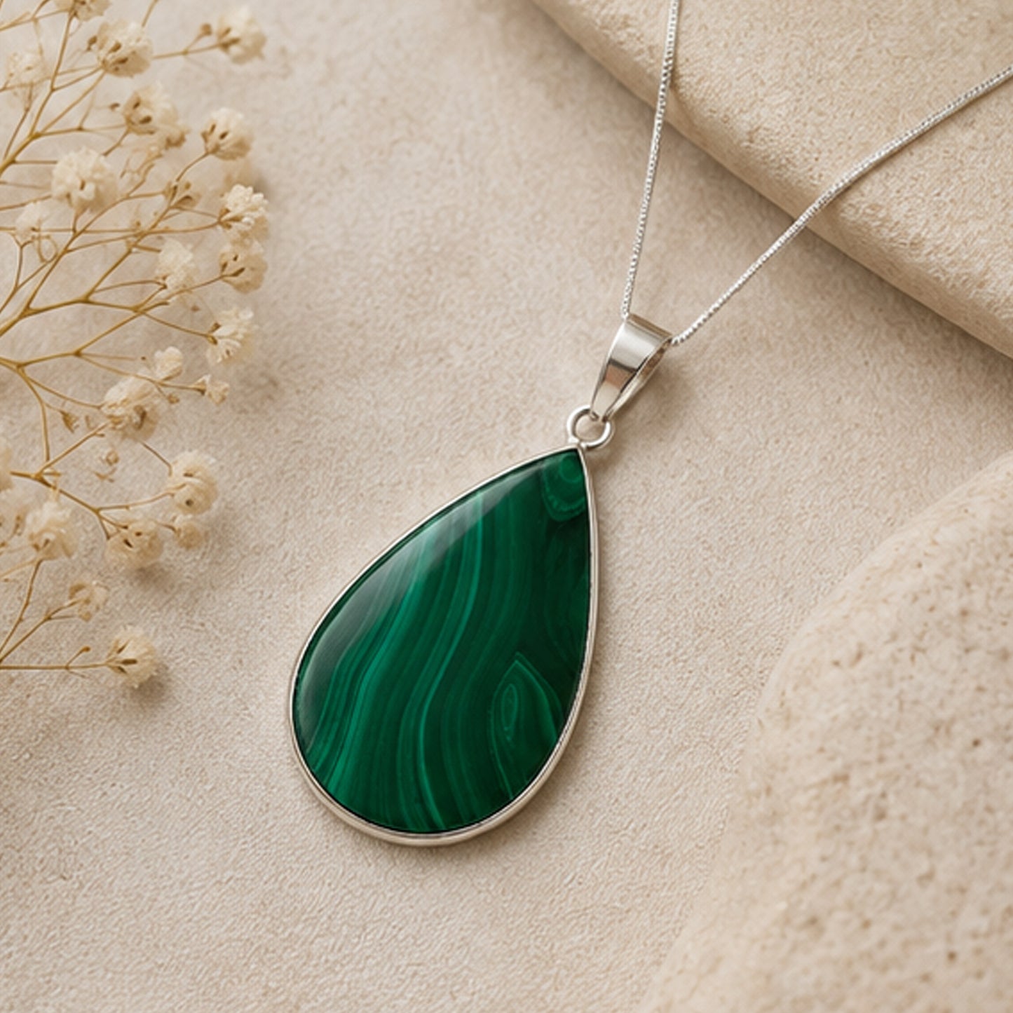 Malachite Teardrop Pendant Stainless Steel Green Gemstone -Gem Avenue Retail