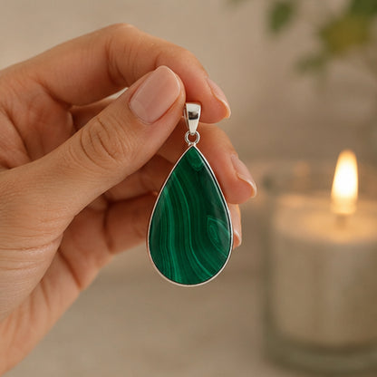 Malachite Teardrop Pendant Stainless Steel Green Gemstone -Gem Avenue Retail