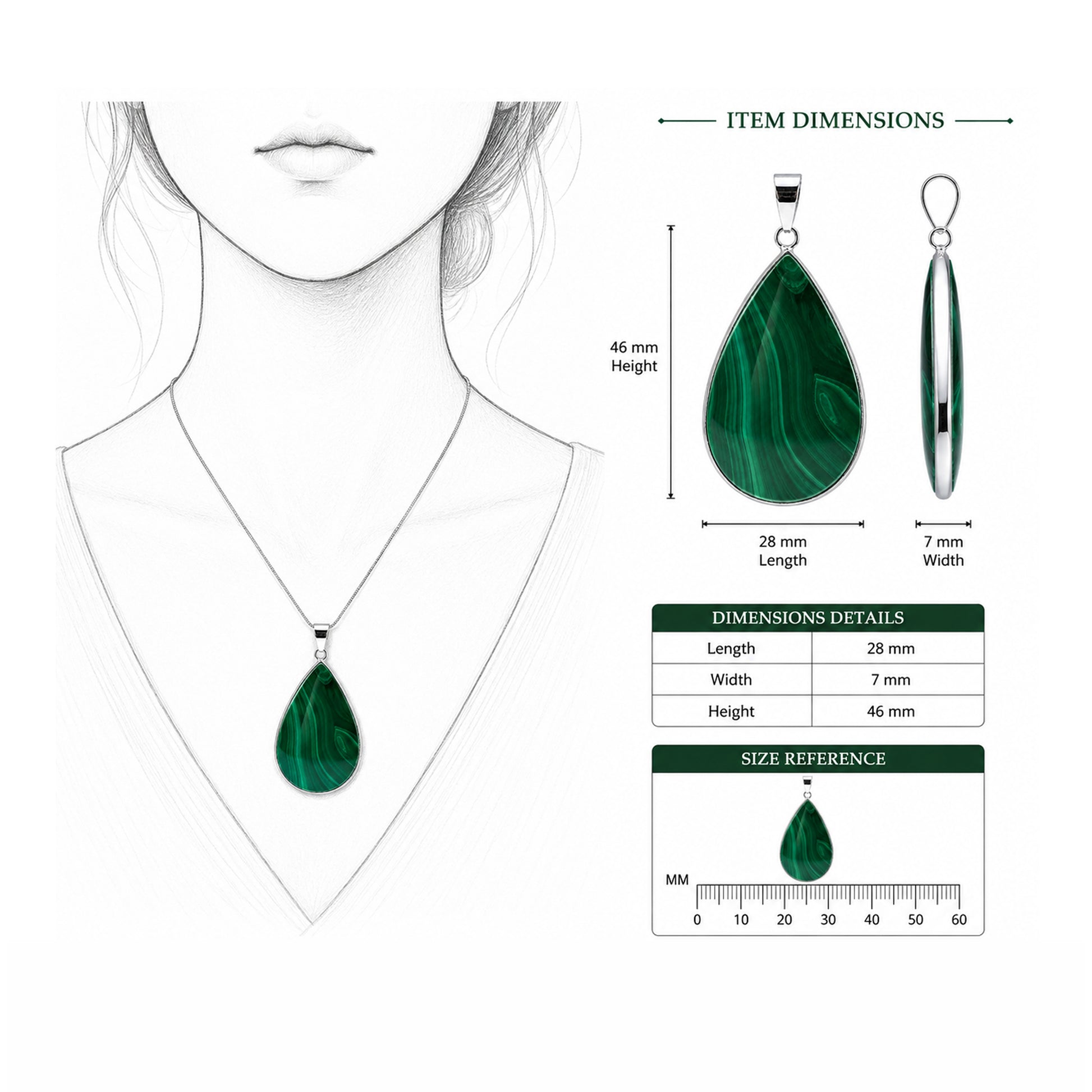 Malachite Teardrop Pendant Stainless Steel Green Gemstone -Gem Avenue Retail