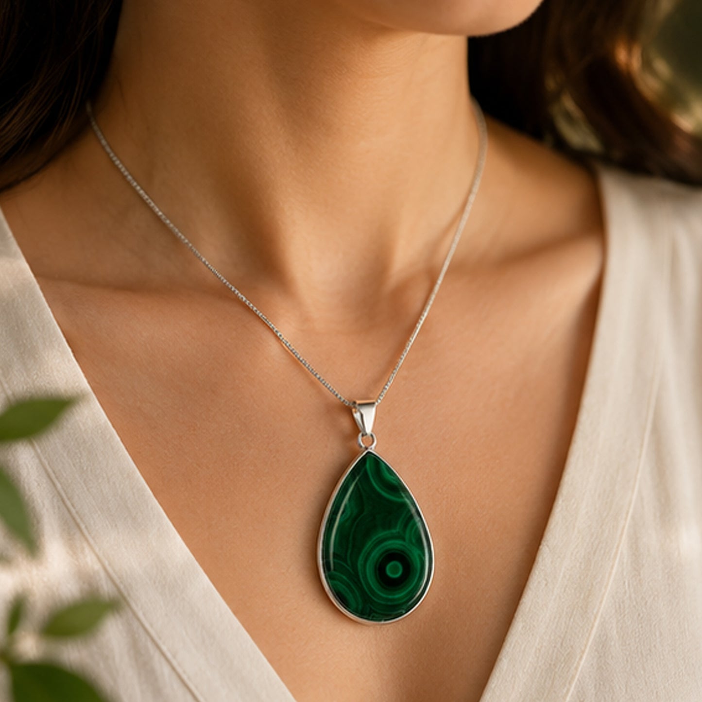 Malachite Pendant Necklace Teardrop Green Gemstone Stainless Steel - Gem Avenue