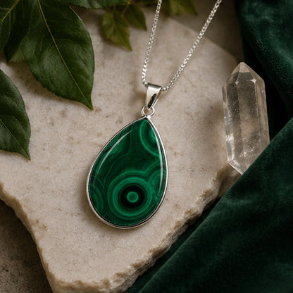 Malachite Pendant Necklace Teardrop Green Gemstone Stainless Steel - Gem Avenue