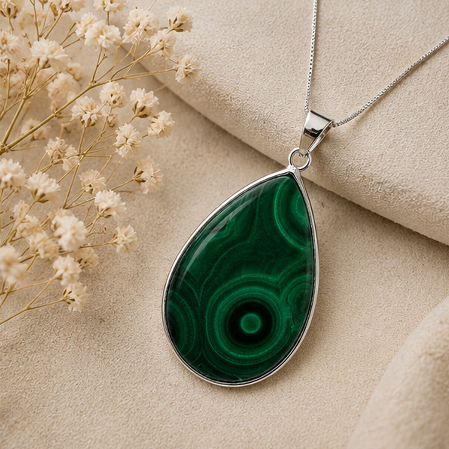 Malachite Pendant Necklace Teardrop Green Gemstone Stainless Steel - Gem Avenue
