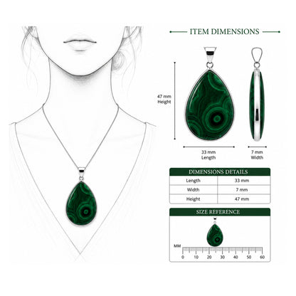 Natural Malachite Pendant Necklace Teardrop Green Gemstone Stainless Steel Setting Jewelry 33mm