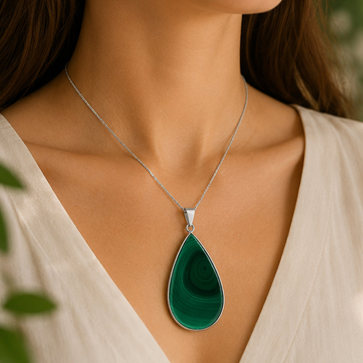 Malachite Teardrop Pendant Natural Green Gemstone Stainless Steel Necklace Jewelry for Women Gift