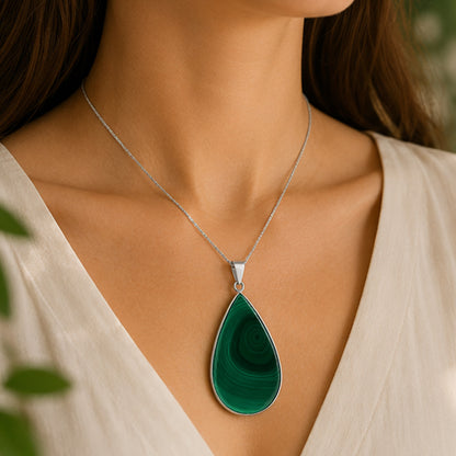 Malachite Teardrop Pendant Natural Green Gemstone Stainless Steel Necklace Jewelry for Women Gift