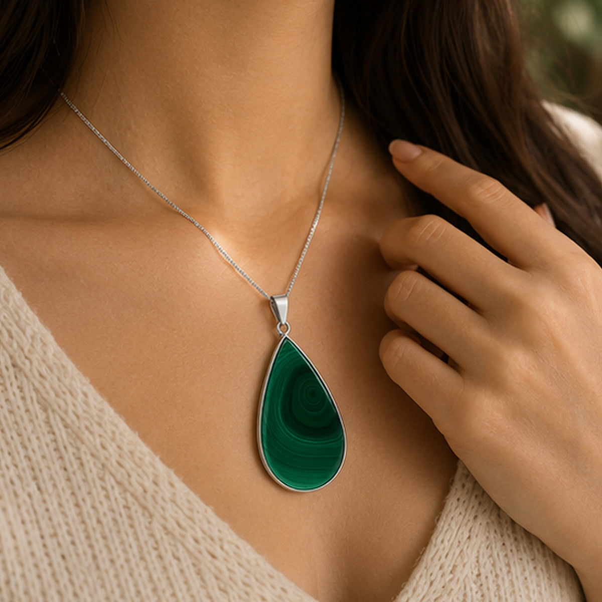 Malachite Teardrop Pendant Natural Green Gemstone Stainless Steel Necklace Jewelry for Women Gift