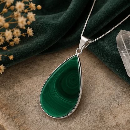 Malachite Teardrop Pendant Natural Green Gemstone Stainless Steel Necklace Jewelry for Women Gift