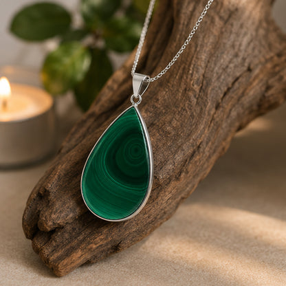 Malachite Teardrop Pendant Natural Green Gemstone Stainless Steel Necklace Jewelry for Women Gift