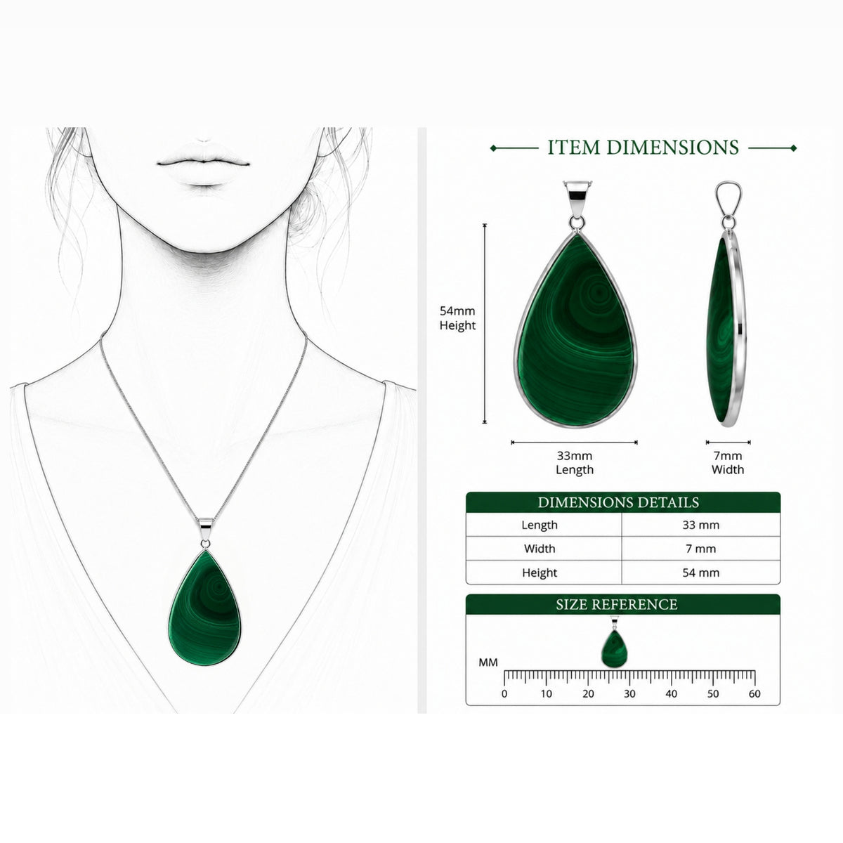 Malachite Teardrop Pendant Natural Green Gemstone Stainless Steel Necklace Jewelry for Women Gift