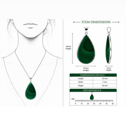 Malachite Teardrop Pendant Natural Green Gemstone Stainless Steel Necklace Jewelry for Women Gift
