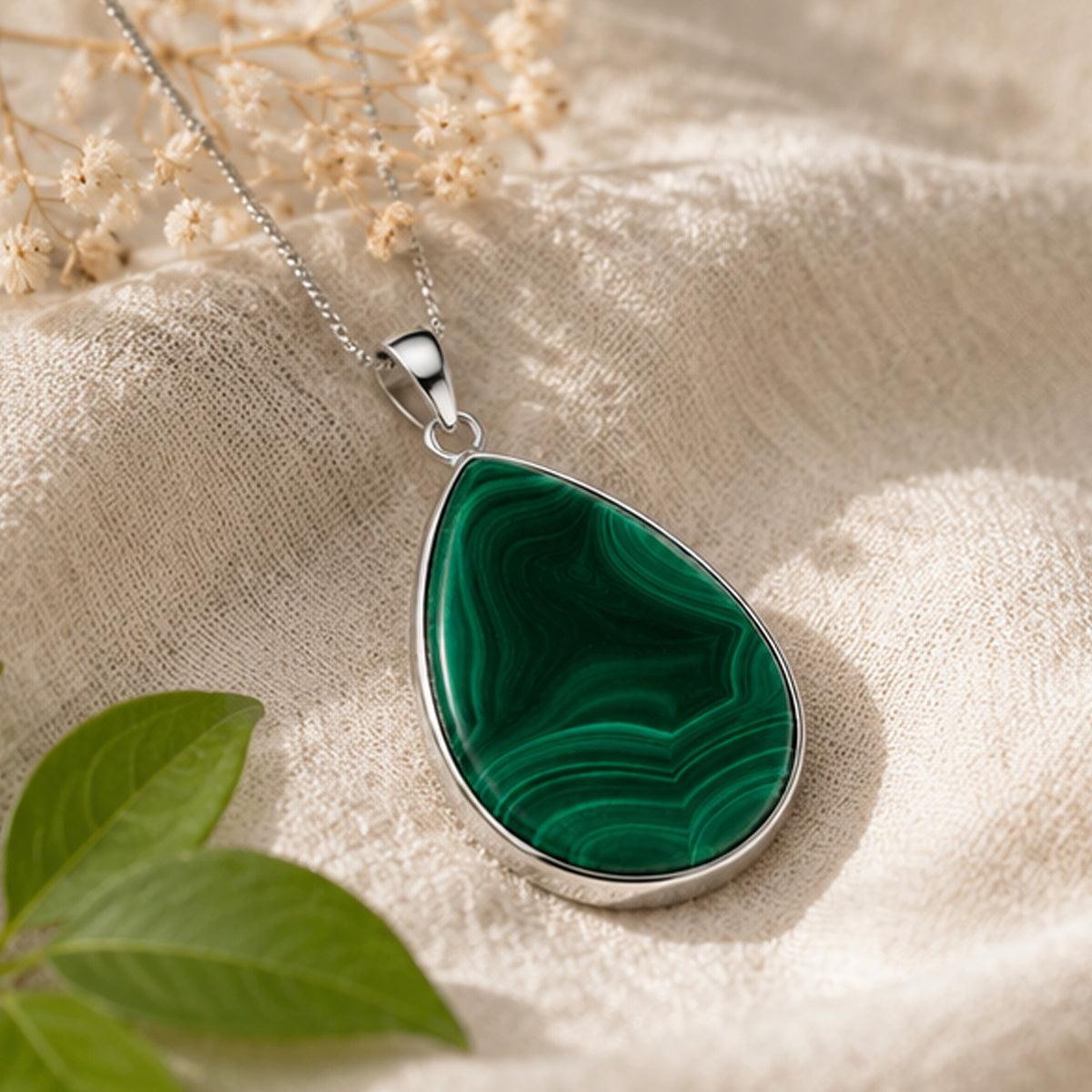 Natural Malachite Teardrop Pendant Stainless Steel Green Gemstone Necklace Boho Style Jewelry for Women