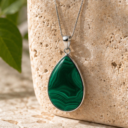 Natural Malachite Teardrop Pendant Stainless Steel Green Gemstone Necklace Boho Style Jewelry for Women